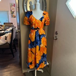 Tabitha Brown Floral Print Puff Sleeve Tie-Back Midi Dress